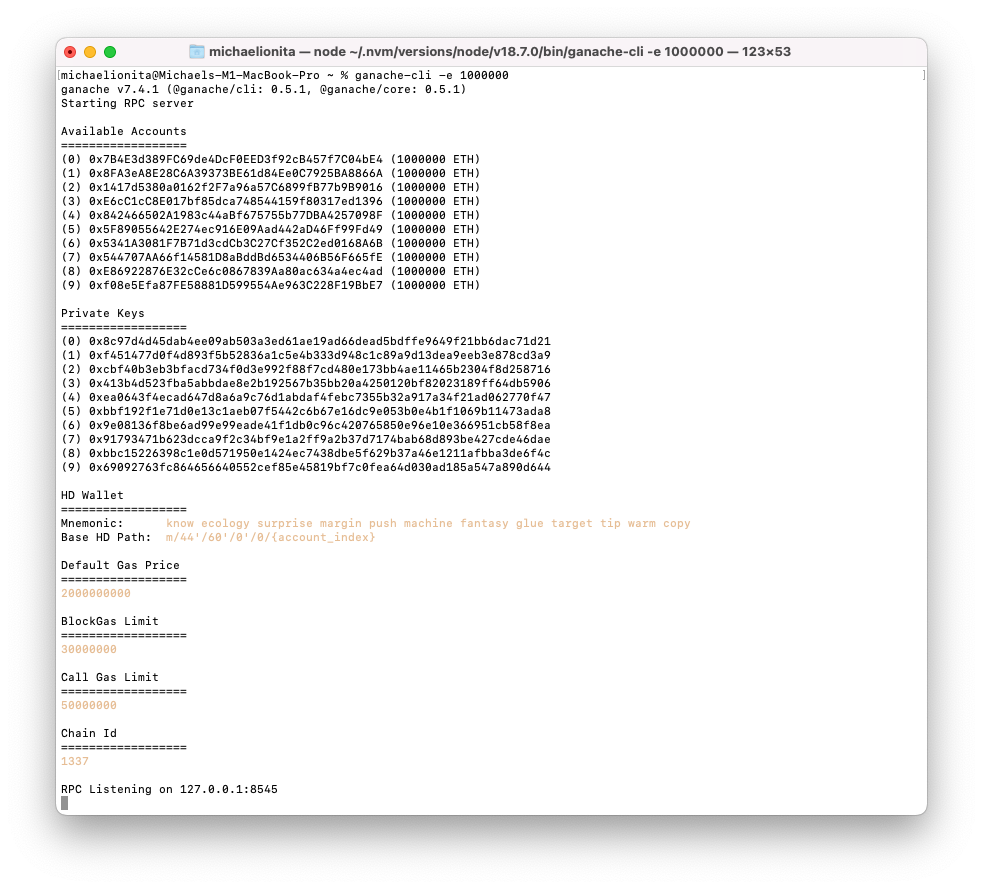 Make sure this terminal window remains open while you are coding, testing & deploying your smart contracts. Otherwise your local blockchain shuts down and you will get errors.