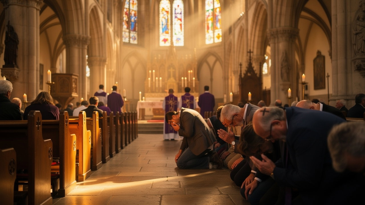 Faithful praying in church during Ash Wednesday liturgy
