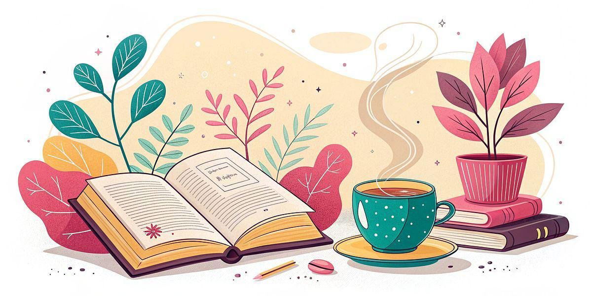 Illustration of an open book surrounded by colorful plants, a steaming cup of coffee, and stacked books, symbolizing a cozy reading atmosphere during summer.