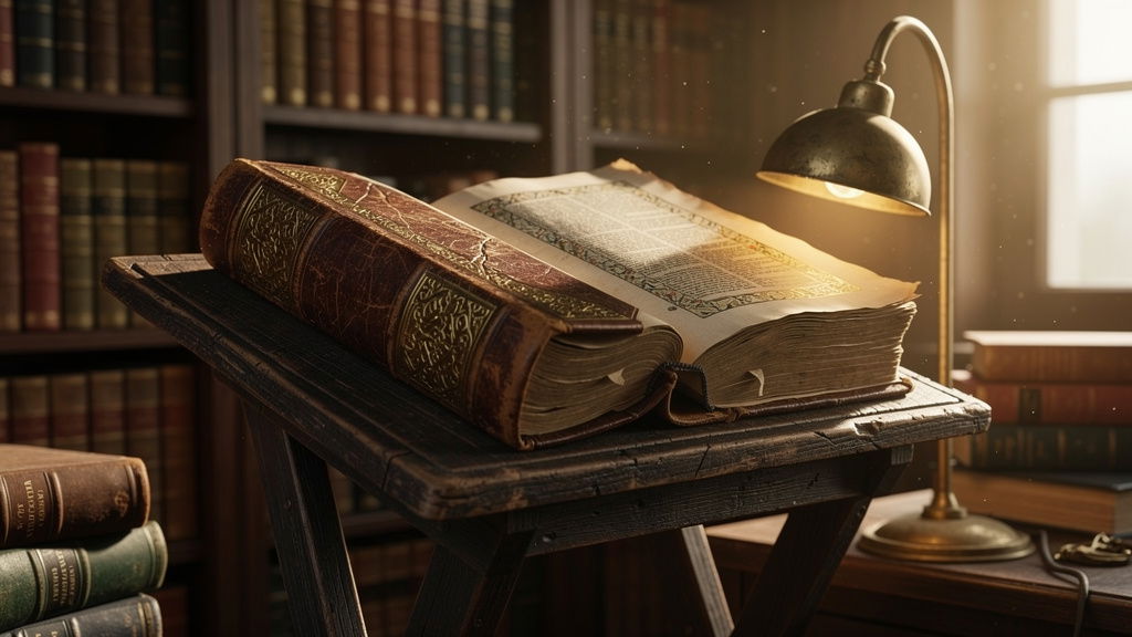 Ancient Bible on wooden lectern in study