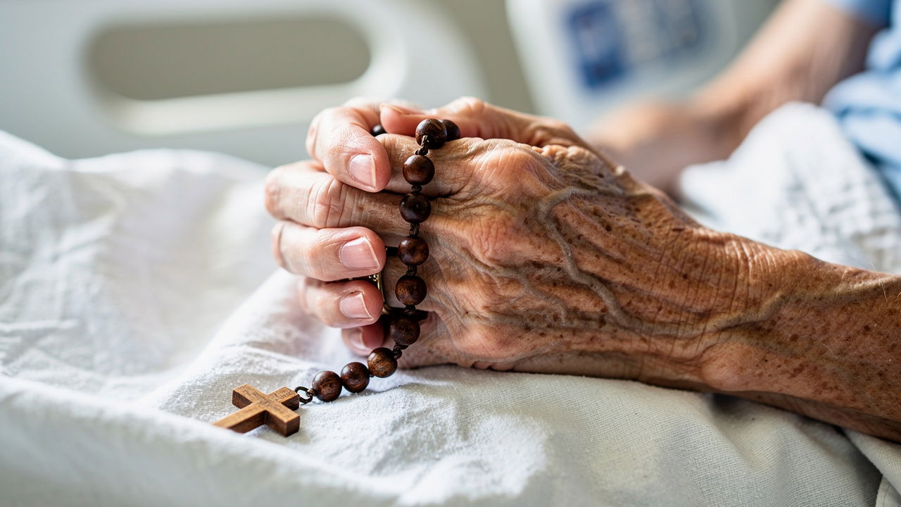 Patient's hands holding rosary in prayer before surgery