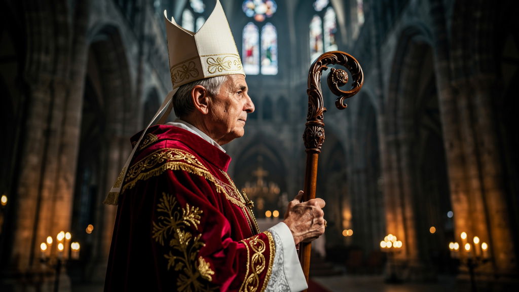Catholic bishop in ceremonial vestments with crosier