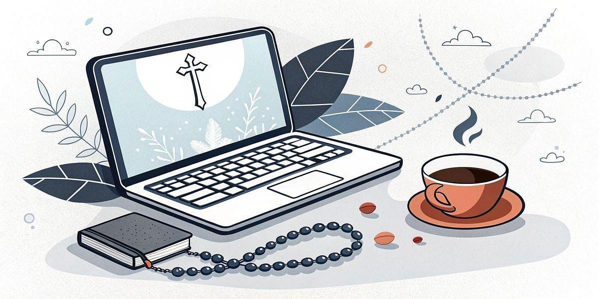 Illustration of a laptop with a cross on the screen, a book, a rosary, and a cup of coffee on a table, symbolizing spirituality and modern life, related to Carlo Acutis: The First Millennial Saint.