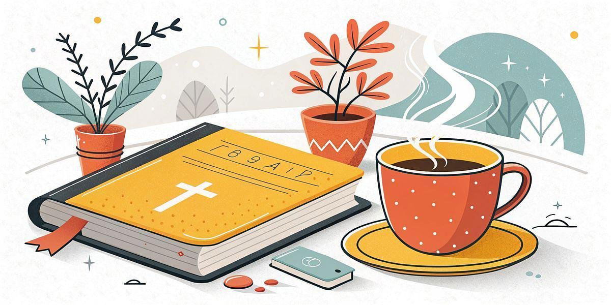 Illustration of a Catholic prayer book next to a steaming cup of coffee, surrounded by potted plants, with a serene outdoor background, representing a peaceful and reflective summer setting.