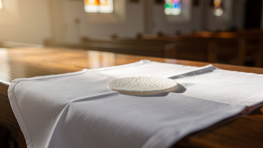 Eucharistic host on white linen altar cloth