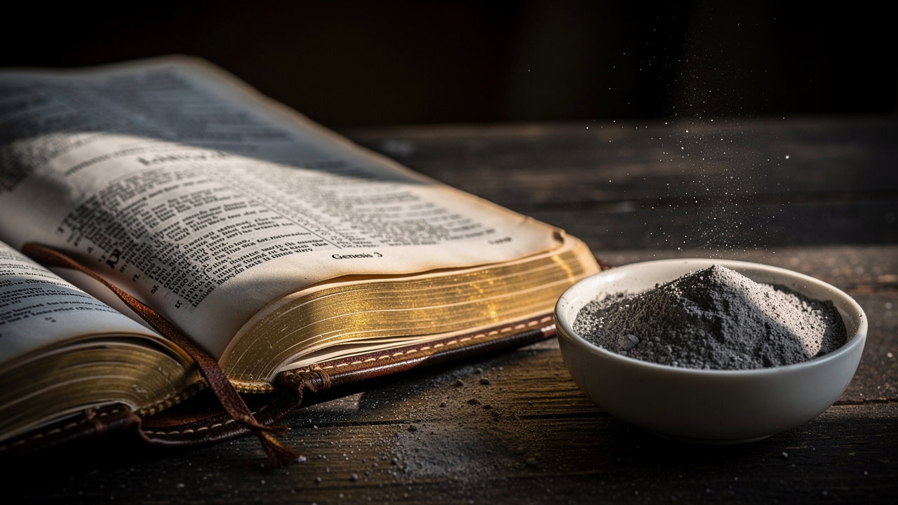 Open Bible and bowl of ashes representing Scripture foundations