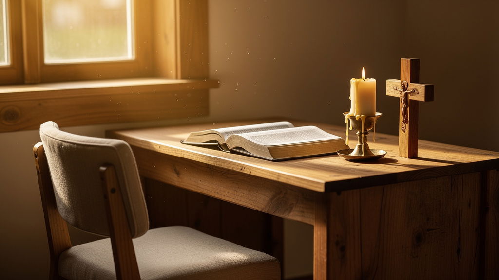 Quiet prayer space with Bible and candle