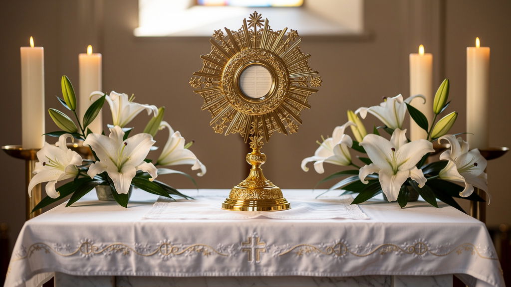 Golden monstrance displaying consecrated host for Eucharistic adoration