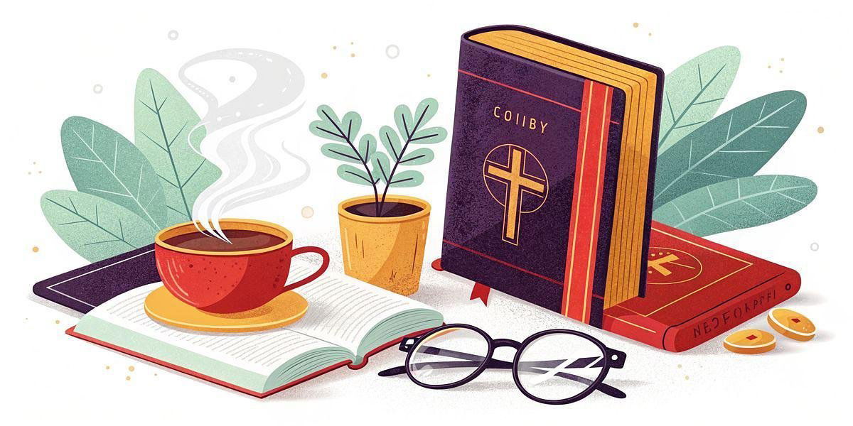 Illustration of a Catholic study setting for teens, featuring an open Bible with a cross design on the front, a steaming cup of coffee, eyeglasses, and two potted plants, symbolizing a peaceful and reflective atmosphere at Crux Sancta.