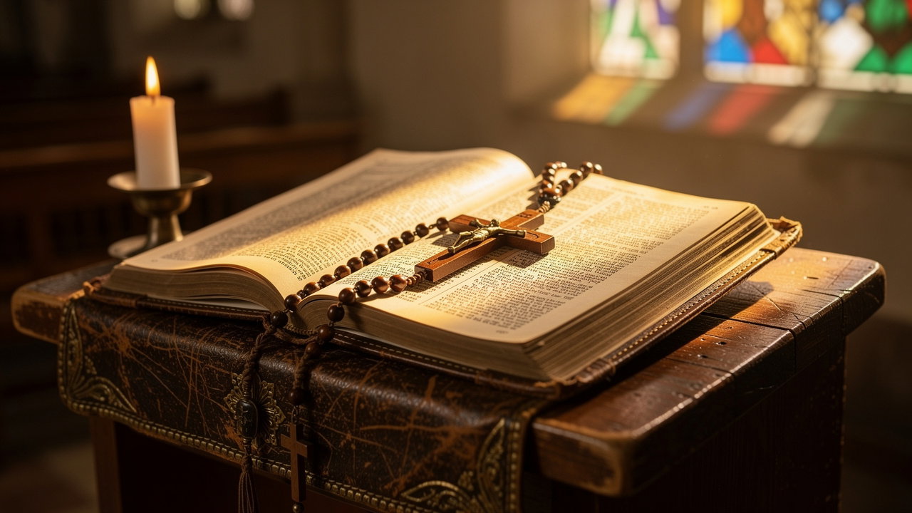 Open Bible with candle in prayer setting
