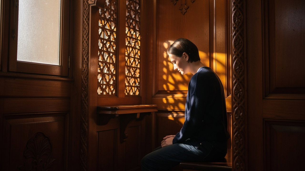 Person kneeling in Catholic confession booth