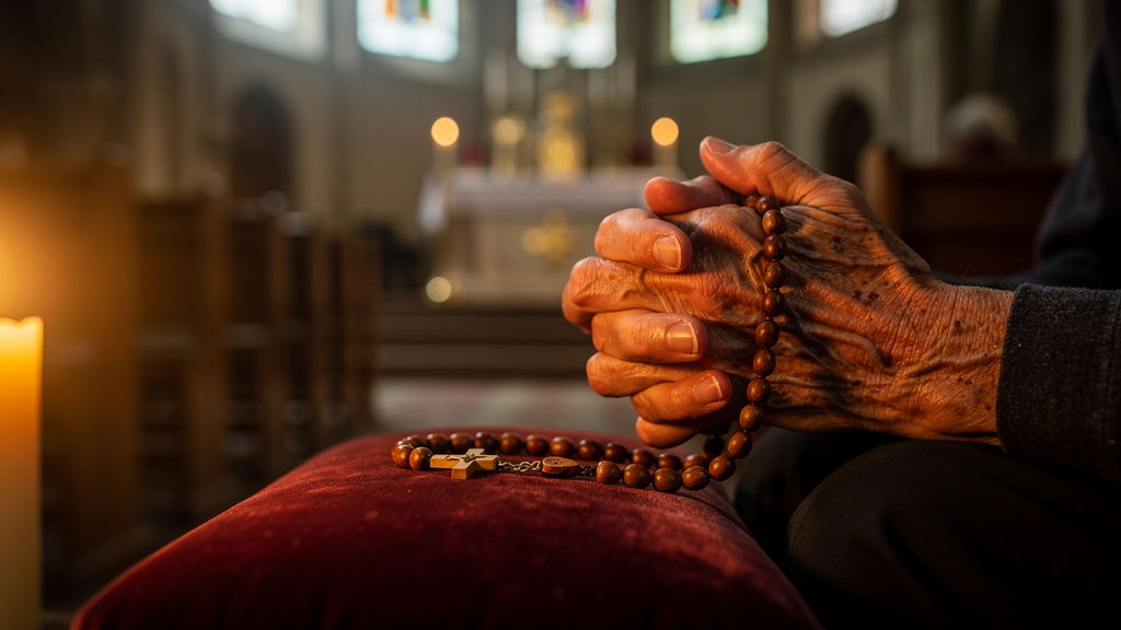 Elderly hands praying with rosary in church