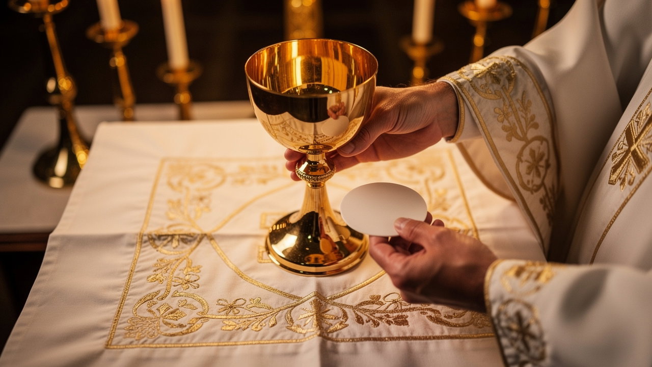 Priest's hands elevating chalice and host during Catholic Mass