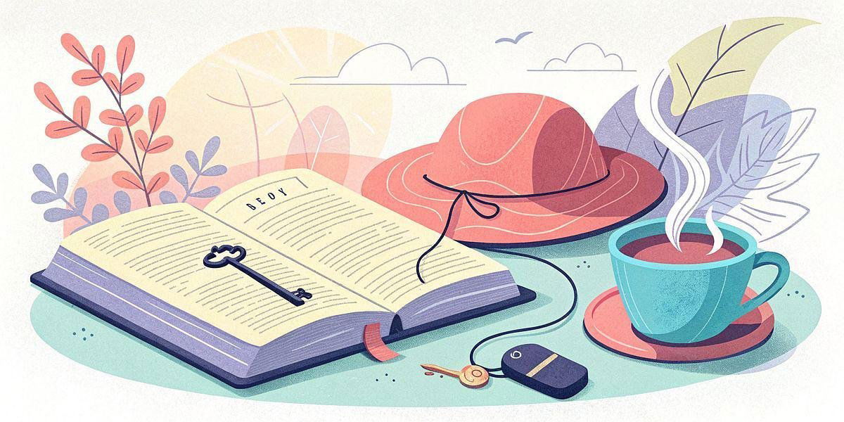 Illustration of an open Bible with a key placed on it, surrounded by a sunhat, a steaming cup of tea, and various leaves, symbolizing a spiritually enriching summer read. Ideal for promoting the Ultimate Catholic Study Bible by Crux Sancta for summer 2025.