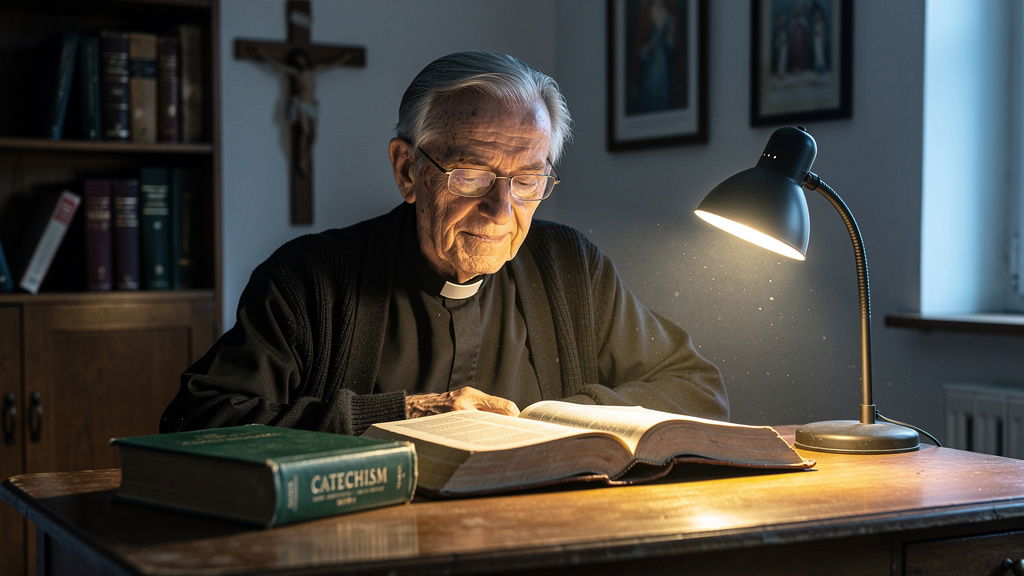 Priest studying Scripture and Catechism together