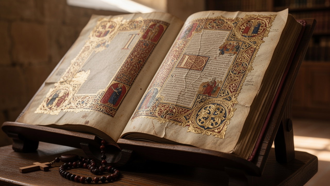 Ancient illuminated Bible manuscript beside a wooden rosary