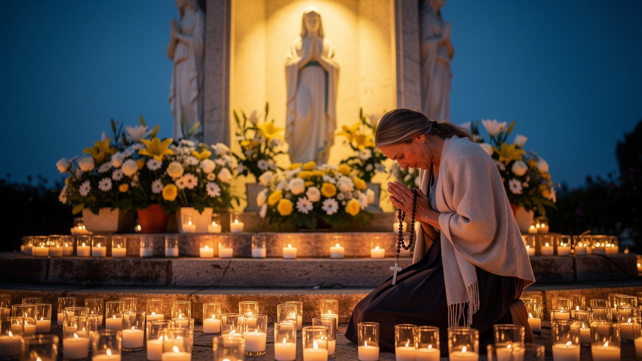 Woman praying at candlelit Marian shrine with rosary beads