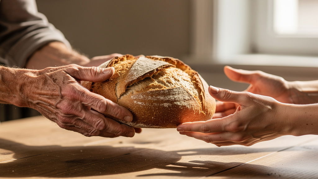 Hands sharing bread in gesture of care