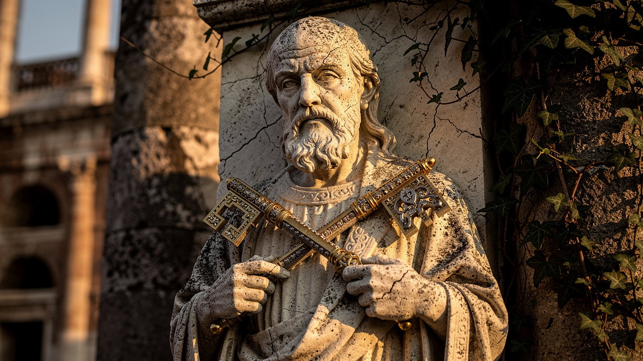 Ancient stone carving of Saint Peter holding symbolic keys
