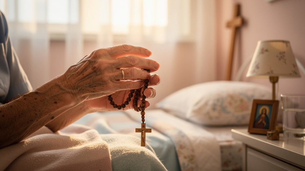 Elderly person praying with rosary beads at home