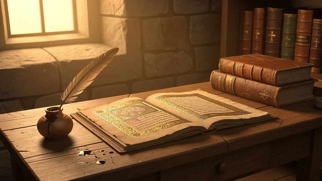 Monastery scriptorium with ancient manuscripts and writing desk