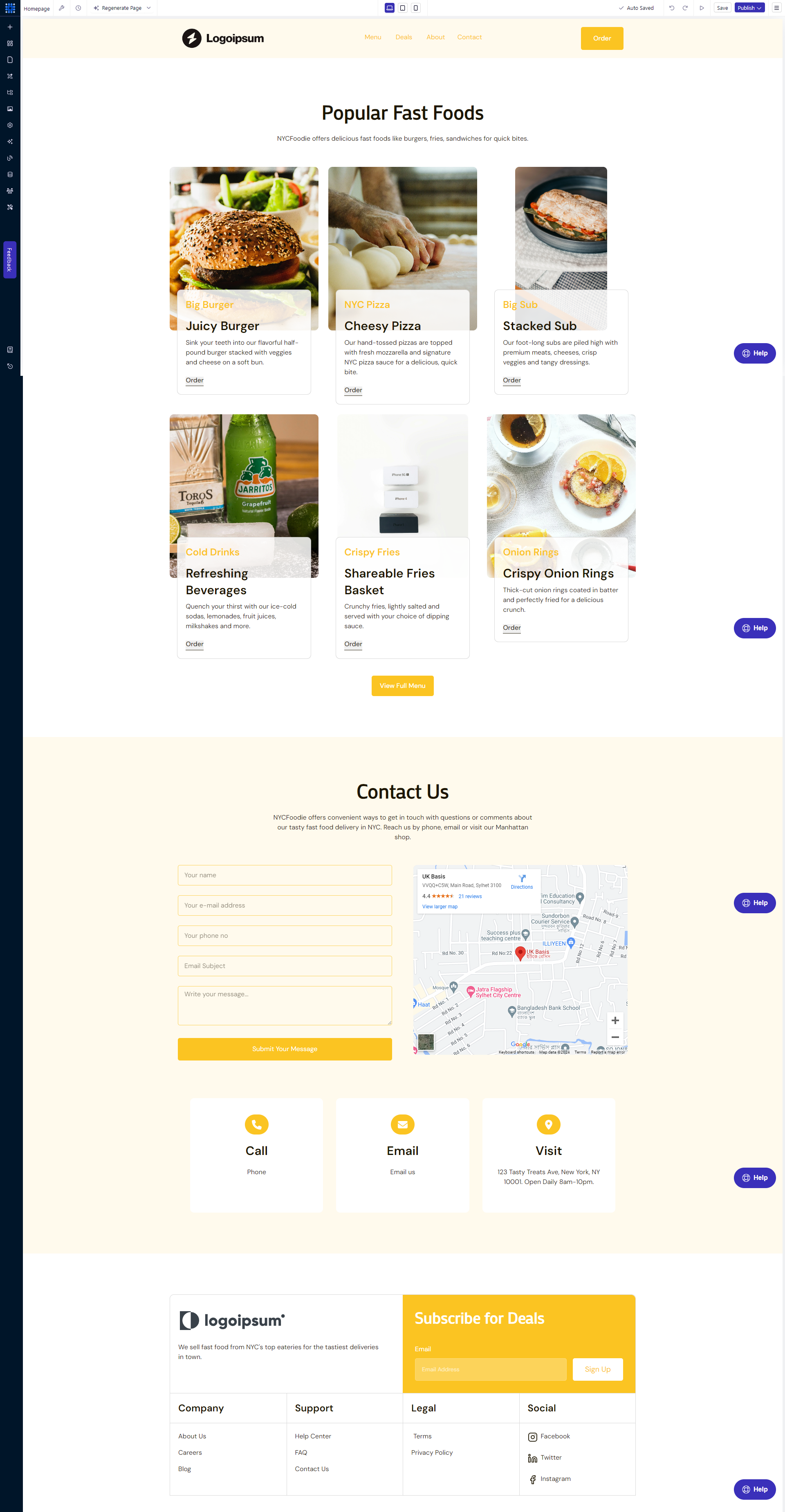 A food shop site created with Dorik AI