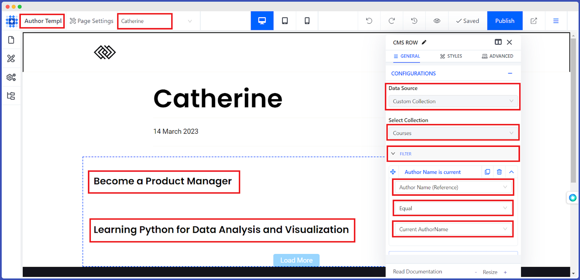 Showing course of a specific author 