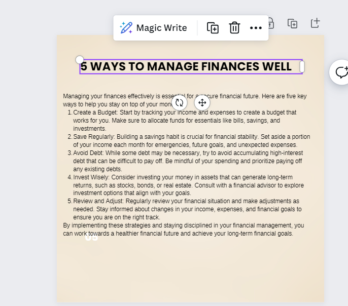 Canva AI Magic Write output