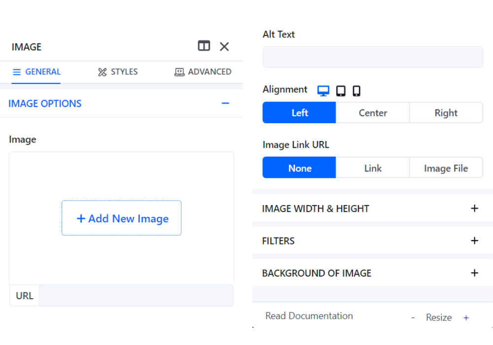 image settings option inside the Dorik website builder