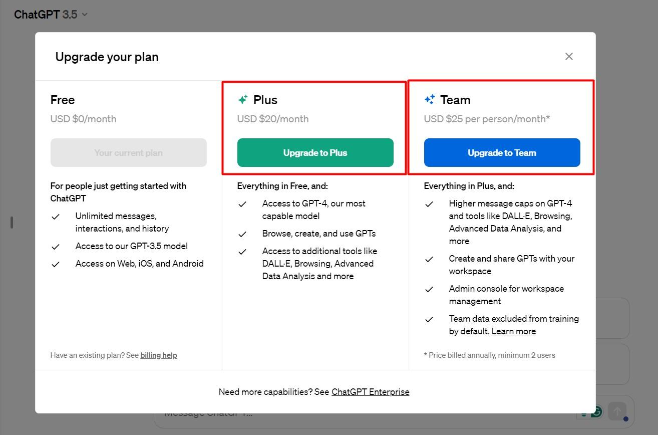 ChatGPT pricing plan