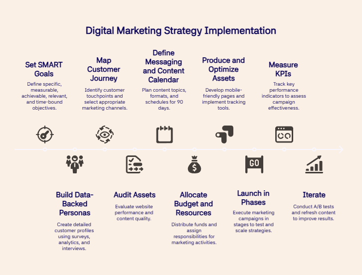 Steps for digital marketing strategy: goals, journey, content, assets, KPIs, personas, audits, budget, launch, and iteration.