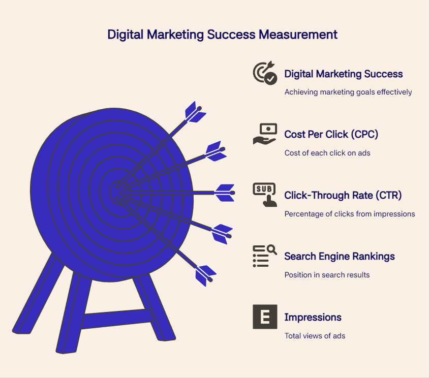 Target with arrows representing digital marketing success metrics: CPC, CTR, rankings, impressions, and goal achievement.