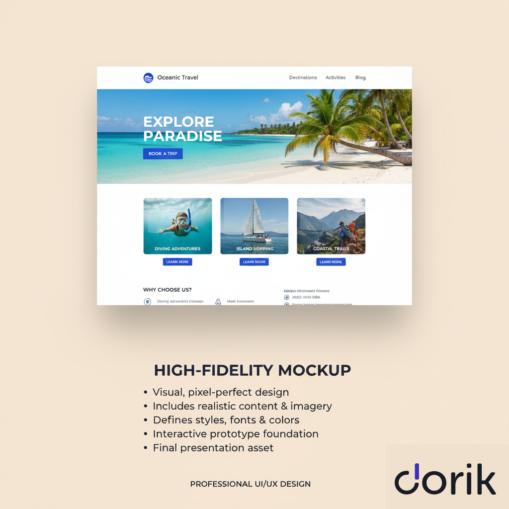 Pixel-perfect travel website mockup with images, buttons, and styled layout.