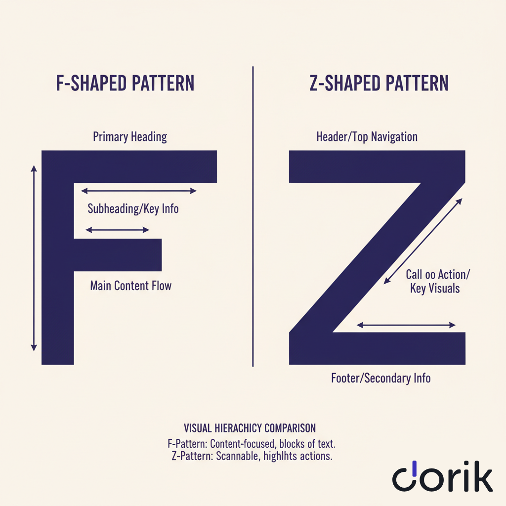 Visual comparison of F-pattern and Z-pattern for web content and navigation scanning.