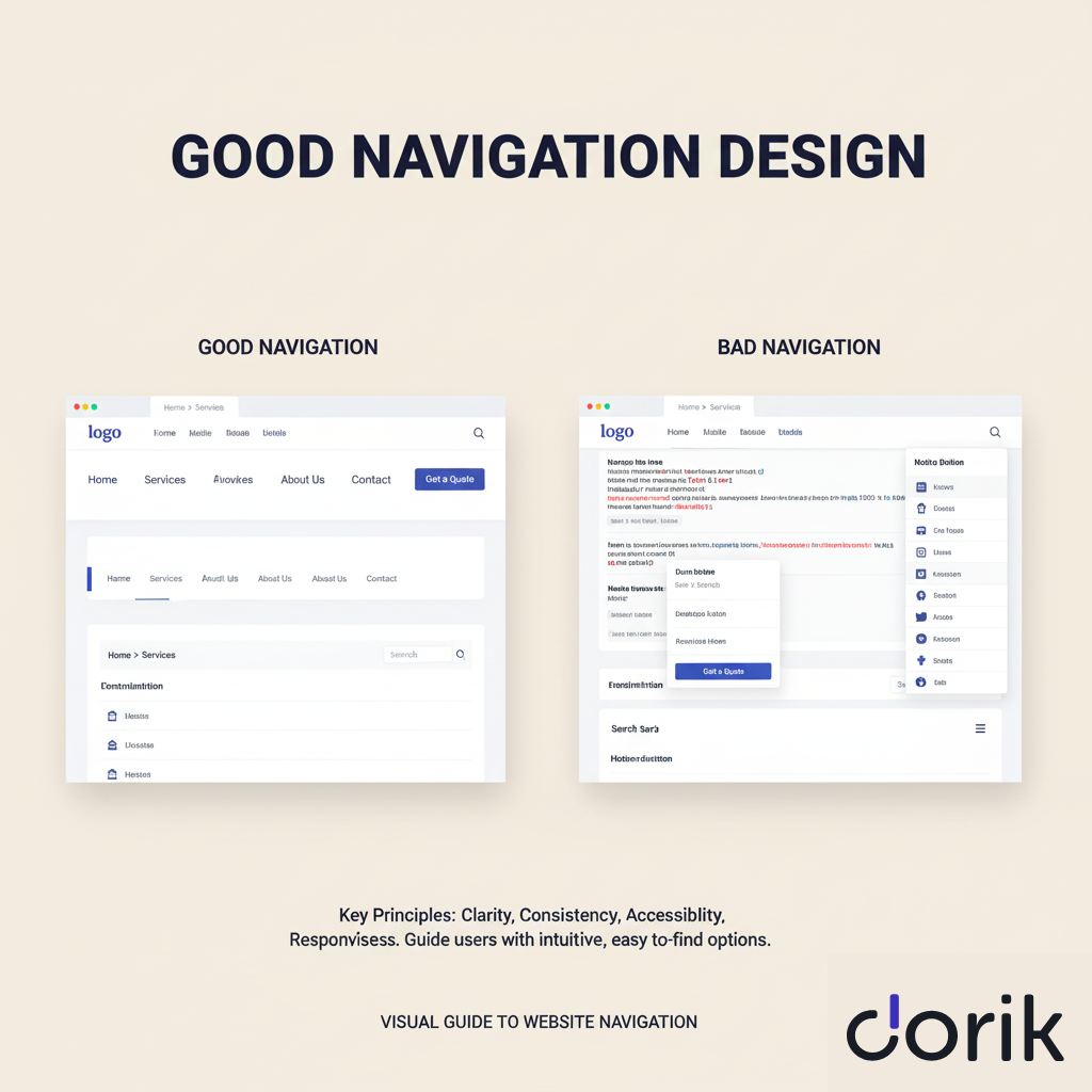 Comparison of clean and cluttered website navigation layouts for user experience.