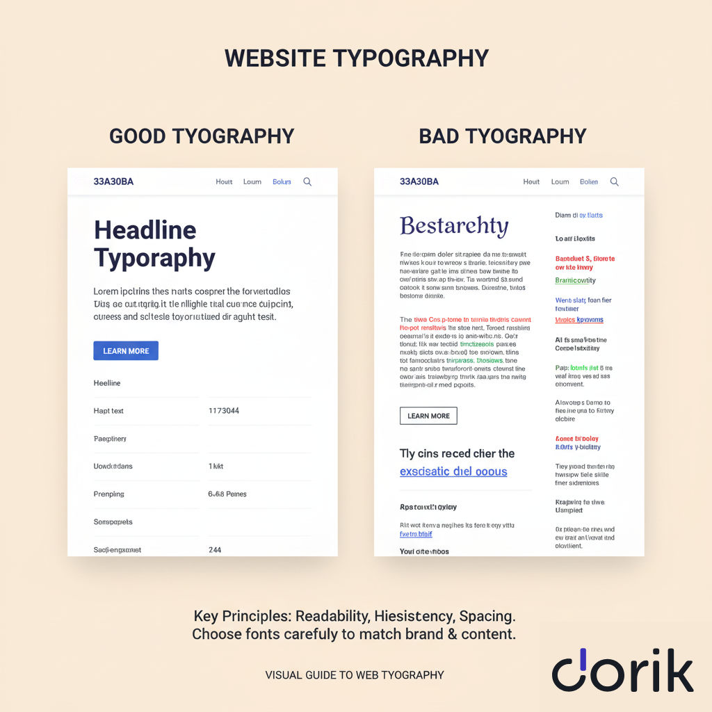 Side-by-side example of good and bad web typography with heading and paragraph contrasts.