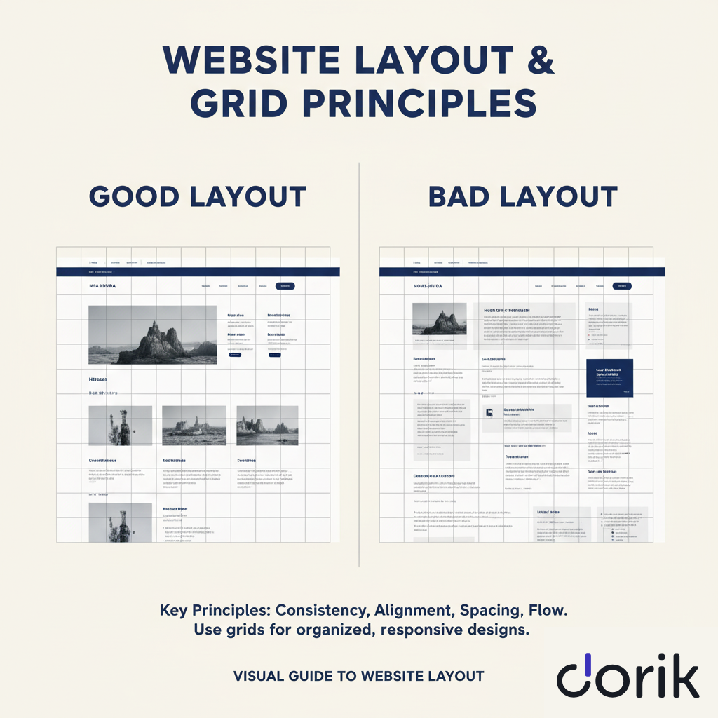 Grid layout comparison showing organized vs. disorganized website design.