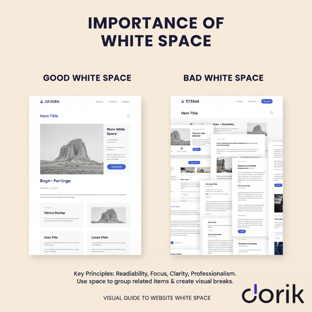 Side-by-side website layouts showing effective vs. cluttered use of white space.