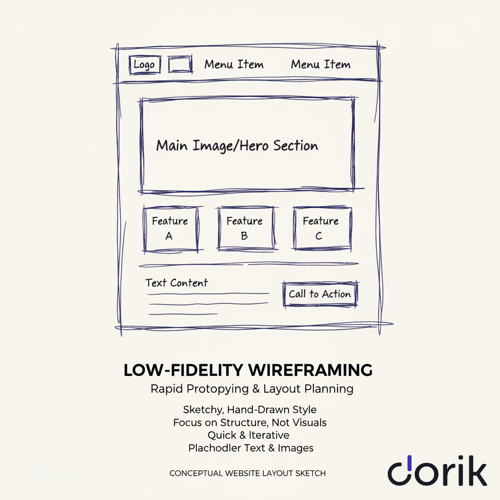 Sketchy website wireframe showing layout with logo, hero section, features, and call to action.