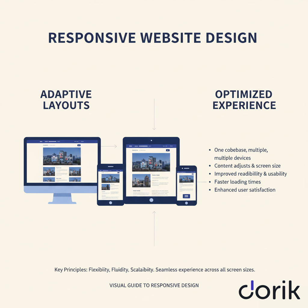 Responsive web layout shown on desktop, tablet, and mobile for optimized user experience.