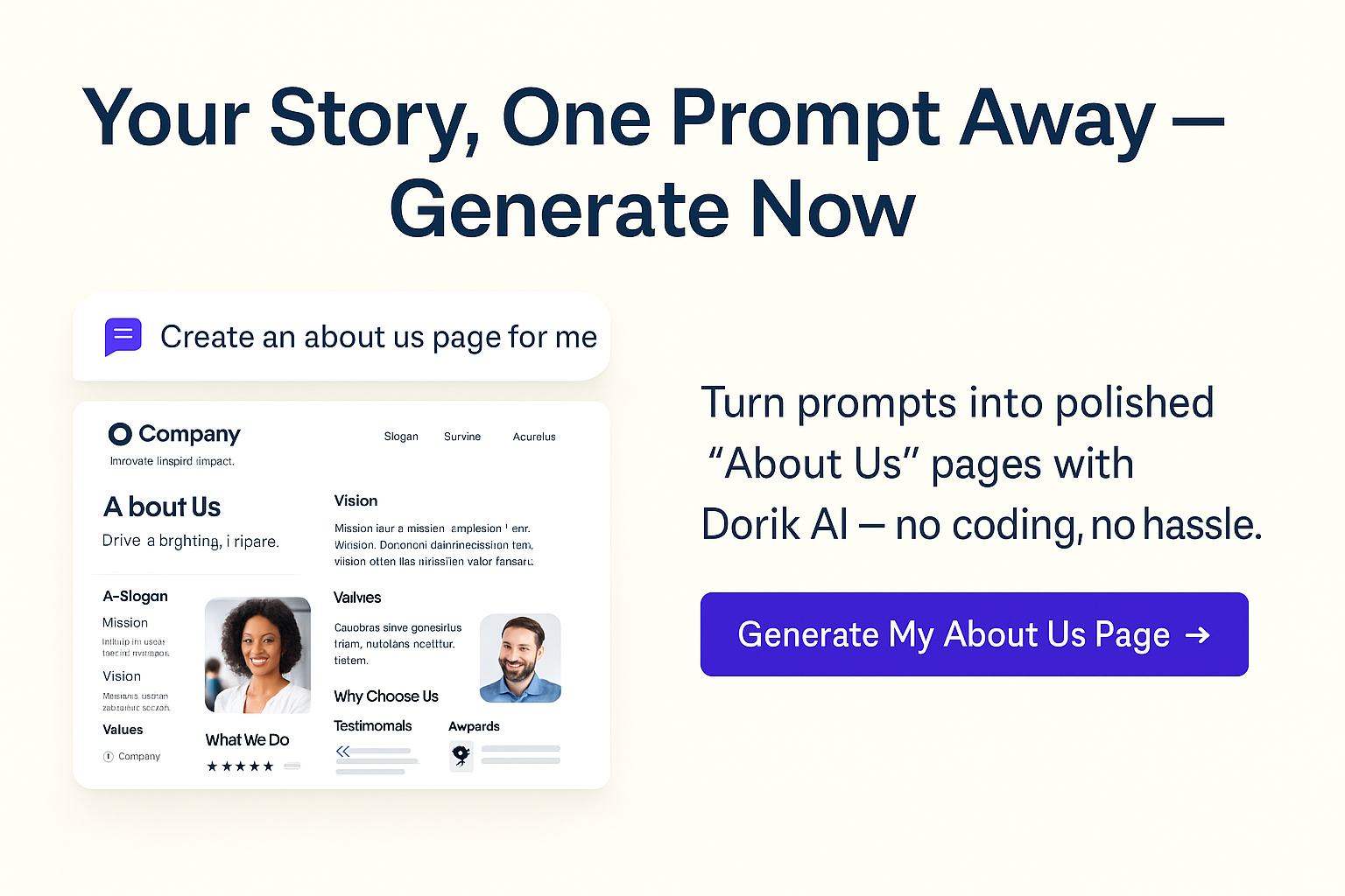 Clickable CTA graphic promoting Dorik's AI-powered About Us page builder