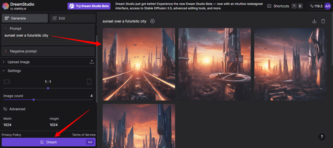 Generate images in dreamstudio