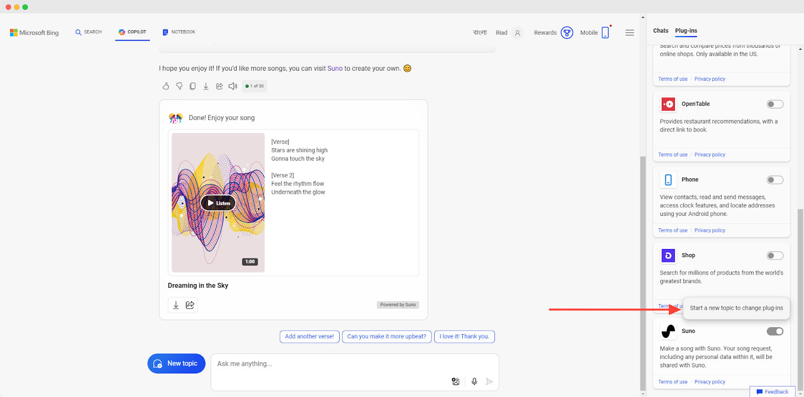 start a new topic to enable or disable copilot plugins