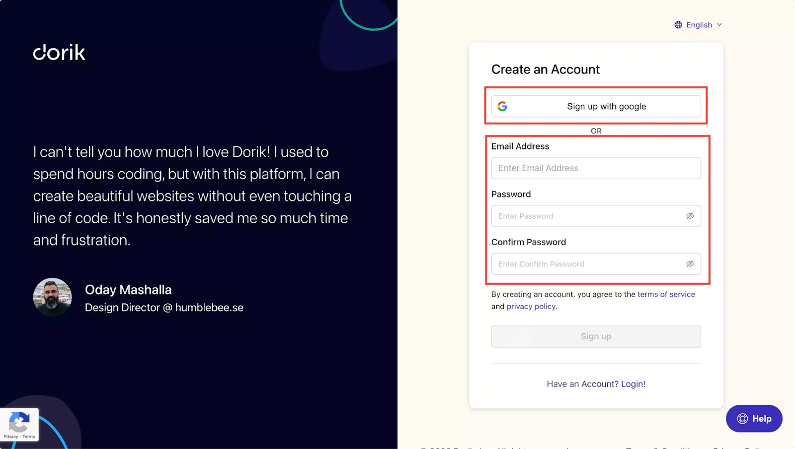 Create account with email on Dorik