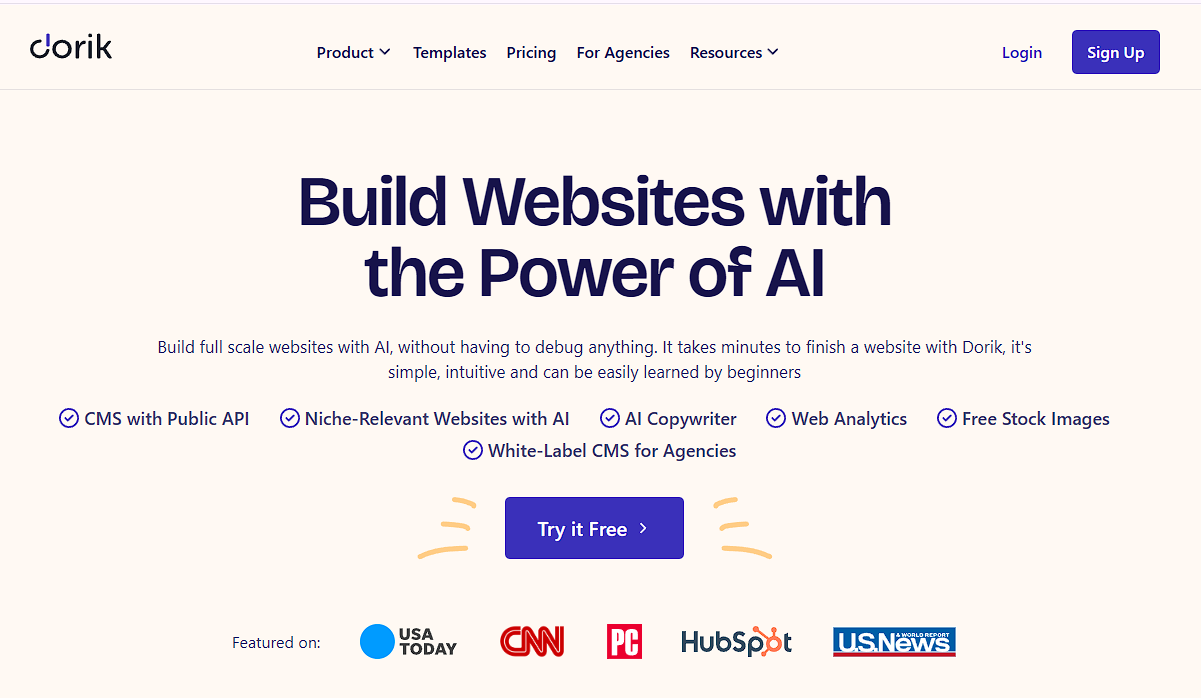 Dorik homepage promoting AI-powered website building with CMS, templates, analytics, and copywriting tools.