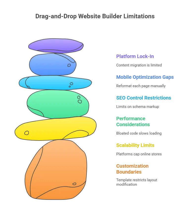 Color-coded infographic listing six major limitations of drag-and-drop website builders like SEO and scalability.