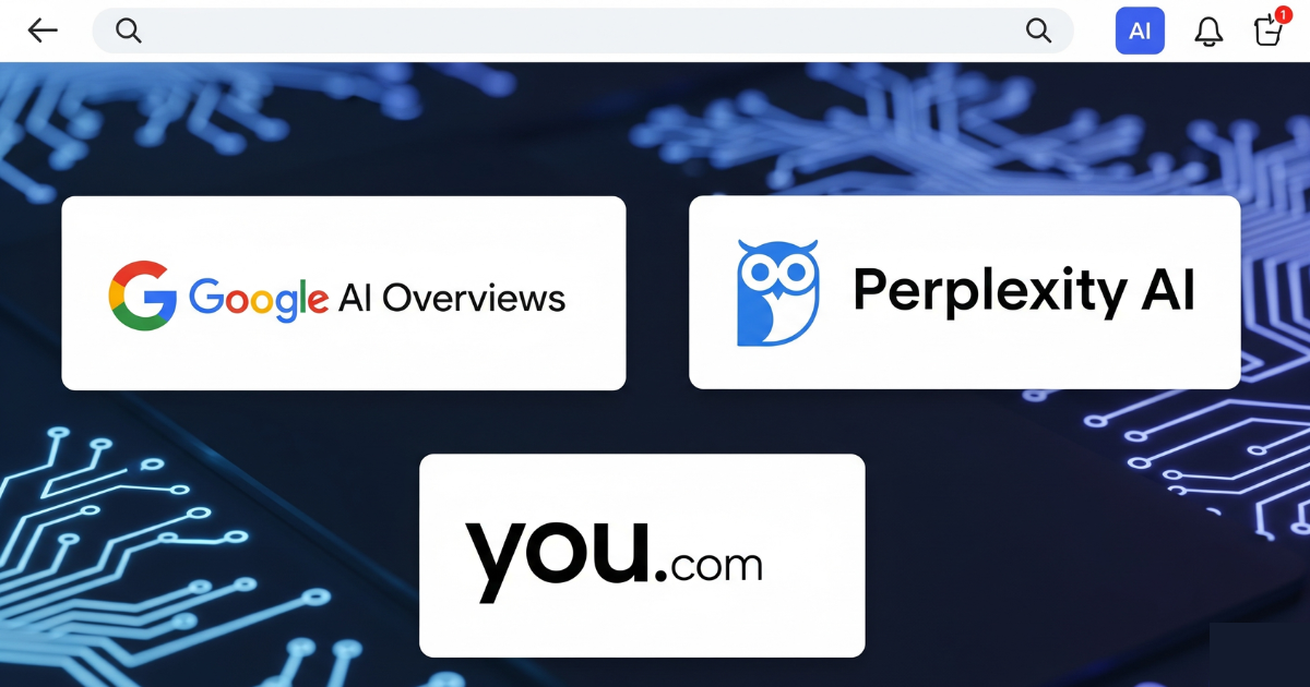 Screenshot showing AI search tools logos: Google AI Overviews, Perplexity AI, and You.com.