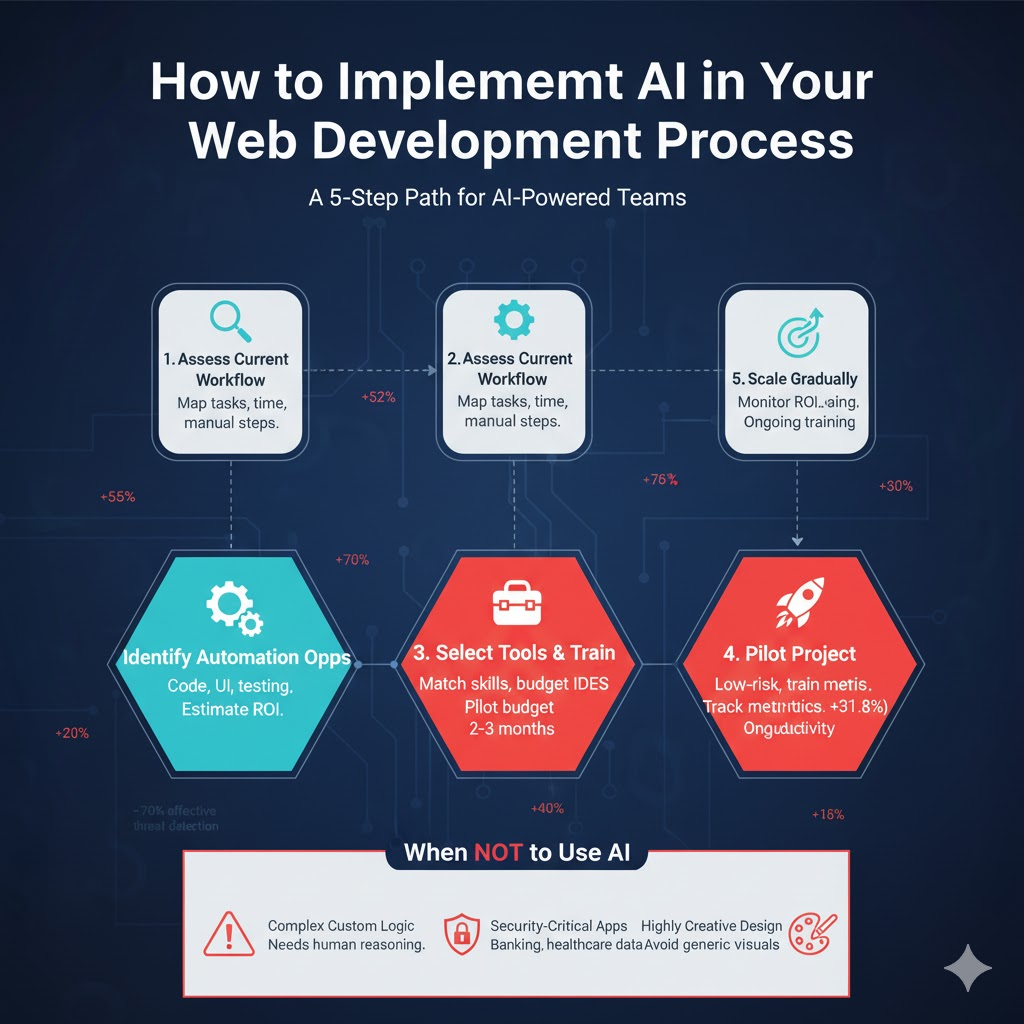 Infographic of a 5-step process for integrating AI into web development with do’s and don’ts.