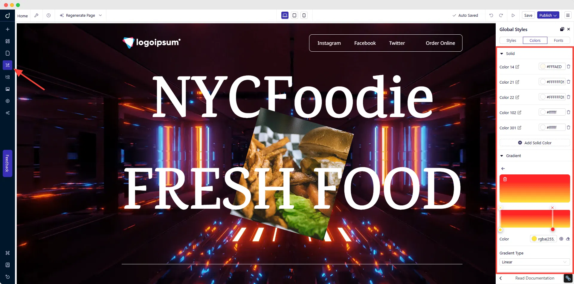 Dorik Global Style menu to edit website colors and fonts