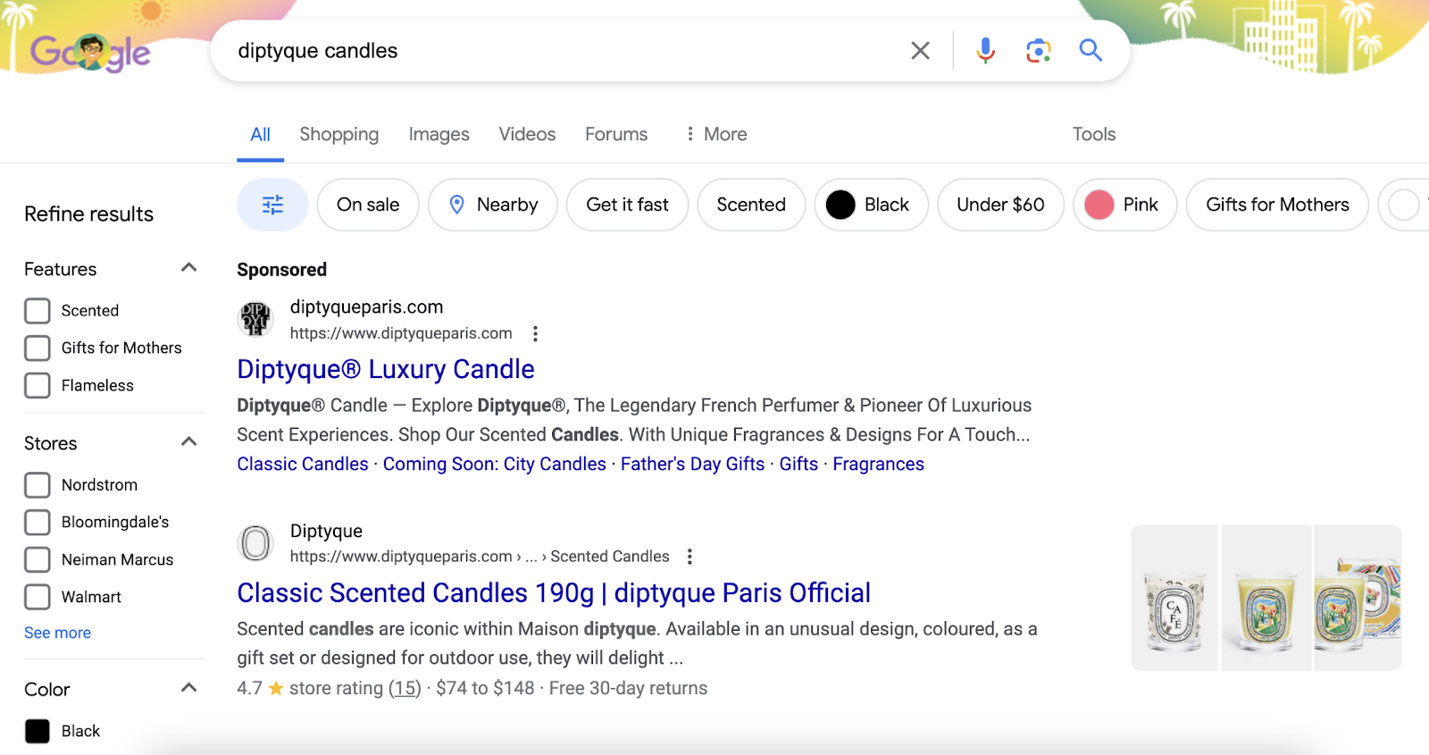 Google search results for “diptyque candles” showing ads and product listings with filters.